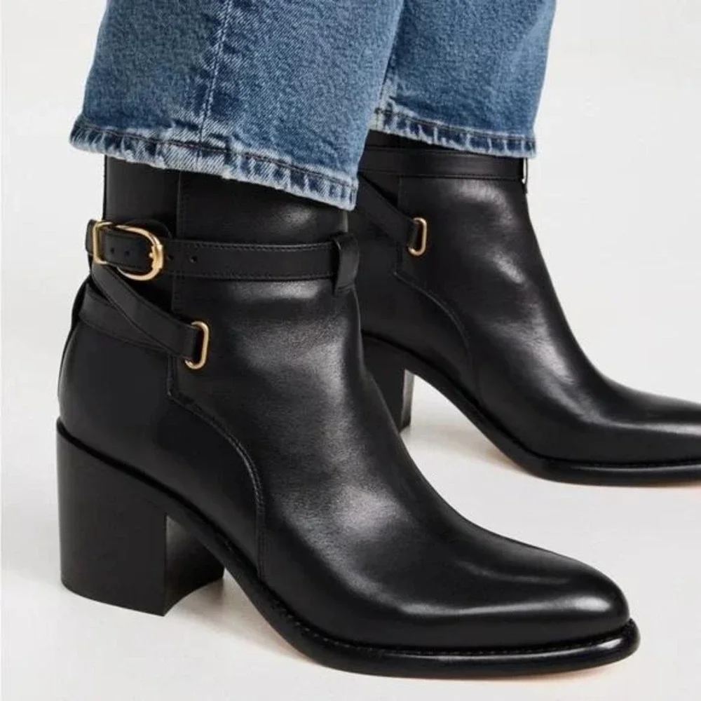 Veronica Beard Sohelia Low Boots Black Leather Buckle‎ Ankle Block Heel Sz 7.5